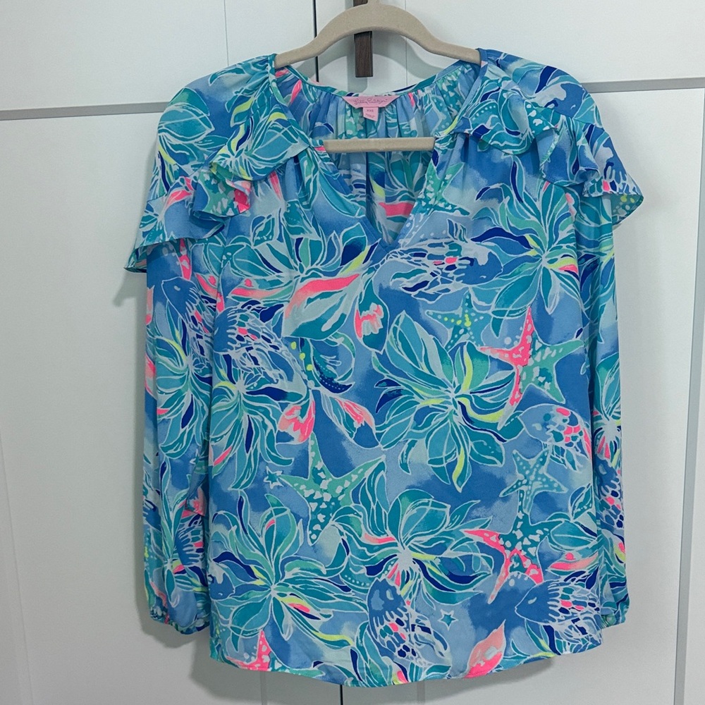 Lilly Pulitzer Blue Print Elora Ruffled Top Blouse Tunic, Women's Size XXS